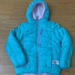 Eddie Bauer Blue Hooded Reversible Winter Puffer Jacket Size Small 7/8 Kids